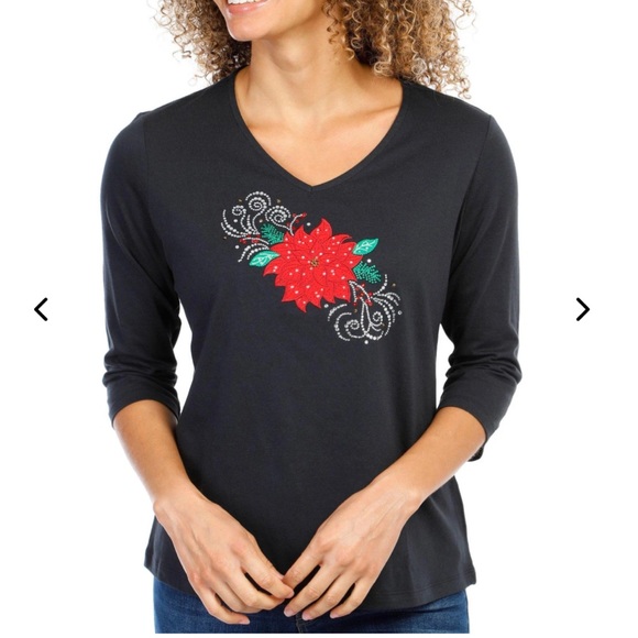 NWT! Coral Bay Women’s Christmas Black & Red Jeweled Cardinals 3/4 Sleeve Top PM - Picture 4 of 12